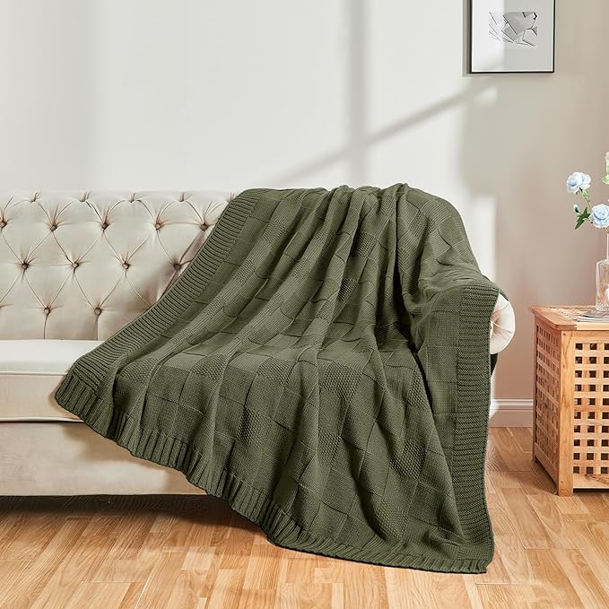 CozeCube Check Knit Throw Blanket, Olive Green Checkered Throw for Couch, Decorative Christmas Soft Cozy Warm Knitted Blanket for Bed Sofa Living Room, 50"X60"
