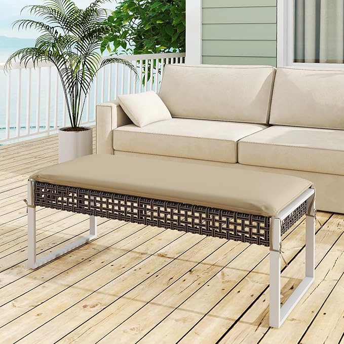 Tangkulka Outdoor Ottoman, Patio Rattan Heavy Duty Wicker Footrest with Soft Cushion & Metal Frame, Extra Seating, for Porch, Backyard, Lawn and Poolside (2)