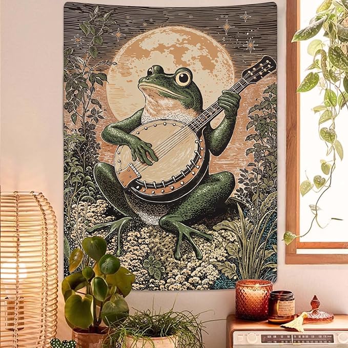 Lunerfex Moonlit Banjo Frog Wall Tapestry, Whimsical Amphibian Musician Tapestries for Room Decor, Folk Art Tapestry 36L x 48W