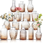Glass Bud Vase Set of 16, Small Flower Vases, Glass Vases for Centerpieces, Vintage Home Table Decorations Bud Vases (16 Pcs, Amber)