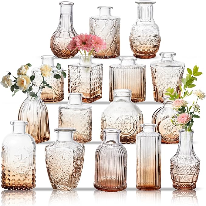 Glass Bud Vase Set of 16, Small Flower Vases, Glass Vases for Centerpieces, Vintage Home Table Decorations Bud Vases (16 Pcs, Amber)
