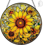 Sunflower Suncatcher Stained Glass Window Hanging Ornaments - 8” Handmade Sun Catchers Indoor Window Outdoor Garden Decor - Wall Art Sun Flower Glass Panel with Hooks - Sunflower Gifts for Women Mom