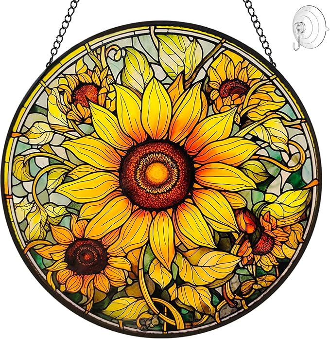 Sunflower Suncatcher Stained Glass Window Hanging Ornaments - 8” Handmade Sun Catchers Indoor Window Outdoor Garden Decor - Wall Art Sun Flower Glass Panel with Hooks - Sunflower Gifts for Women Mom