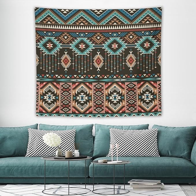 HZOHNAGO Aztec Tapestry Turquoise Blue and Brown and Native American Tribal Pattern Printed Wall Tapestry Wall Hanging for Bedroom Living Room Dorm 60" W x 50" H