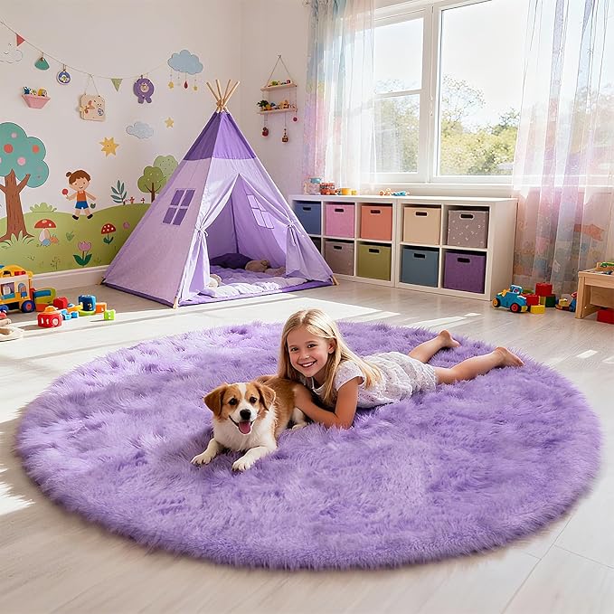 Purple Fluffy Round Area Rugs for Bedroom,4'X4'Shag Circle Area Rugs for Girls Room,Non Slip Fuzzy Plush Rug for Kids Room Living Room and Dorm Home Decor Rug