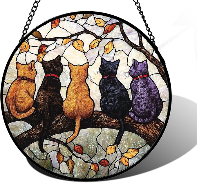 Stained Glass Window Hanging - 5 Cats on a Branch Suncatcher for Window Doors Home Decoration and Christmas, Mother's Day Father's Day Birthday Gifts for Women, Men, and Mom 6.3x6.3 in