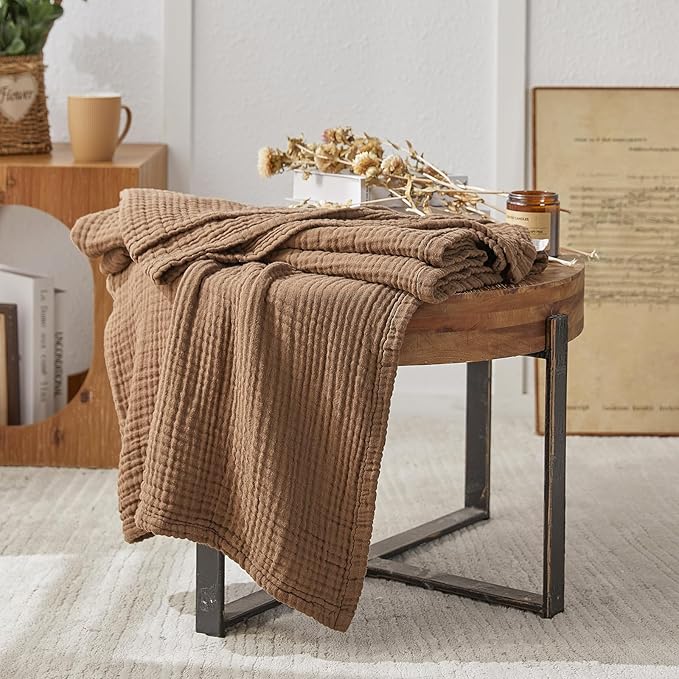 EMME Cotton Muslin Large Throw Blanket Couch Breathable Gauze Blanket Soft Lightweight Bed Blankets Adults (Brown, 50"x70")