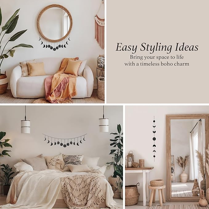 BASE ROOTS Moon Phase, Black Wall Decor for Bedroom & Living Room, Bohemian Wall Decor, Handmade Hammered Metal 34" 7 Phases Moon, Celestial Wall Art, Gift for Women & Kids