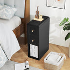 Narrow Nightstand with 2 Drawers, Small Bedside Tables, Mid-Century Modern Slim Night Stand with Storage, Wooden End Table for Small Spaces, Bedroom, Living Room (Black-1PCS)