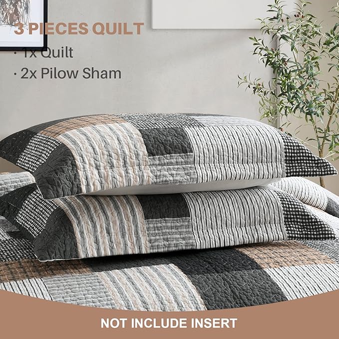 Y-PLWOMEN Quilts Queen Size - 3 Piece Cotton Quilt Set, Lightweight Bedspreads, Farmhouse Plaid, Reversible, All Season, Grey, Black, Brown, White