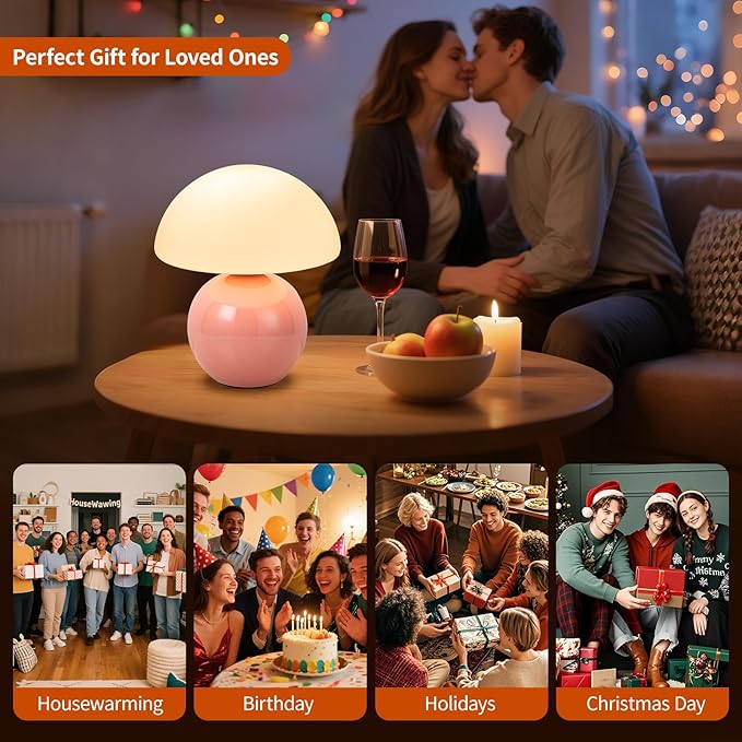 Mushroom Table Lamp, Ceramic Base with Milky White Glass Shade, Vintage Dimmable Bedside Nightstand Lamp for Bedroom, Reading, Home Décor, Gift for Friends Pink