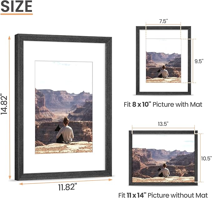 upsimples 11x14 Picture Frame, Natural Solid Wooden Picture Frames, Display 8x10 with Mat or 11 x 14 Without, Vertical or Horizontal Wall Hanging, 1 Pack, Black