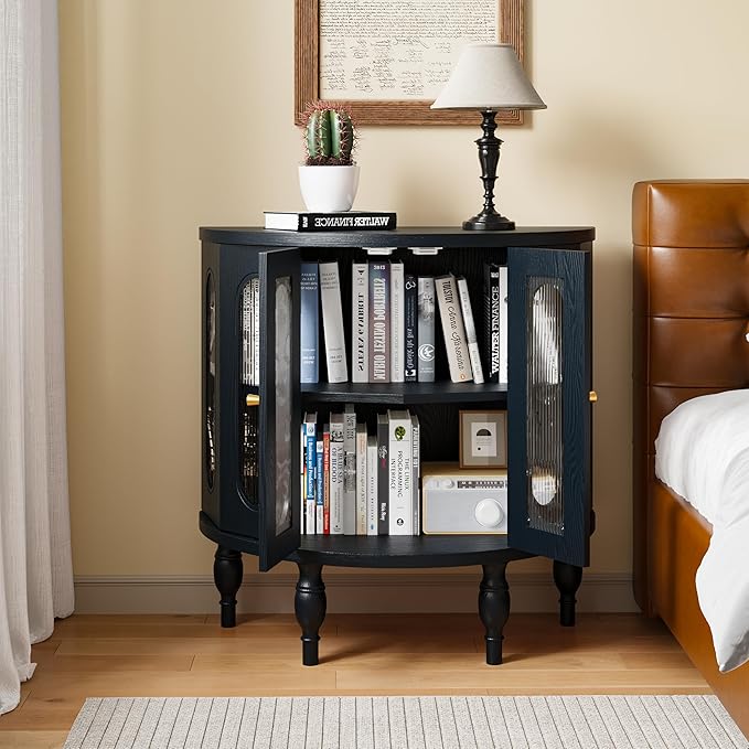 31'' Sideboard Buffer Cabinet with Storage, Semi-Circle Modern Accent Storage Cabinet with Wooden Finish & Acrylic Doors, Console Table for Living Room Entryway Hallway (Black)