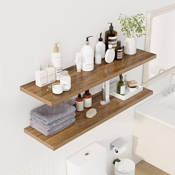 Dreamland 48" Floating Shelves for Wall, 12" Deep Slim Walnut Floating Shelves, Wall-Mounted Shelves for Bedroom, Living Room, Kitchen, Bathroom - Set of 2