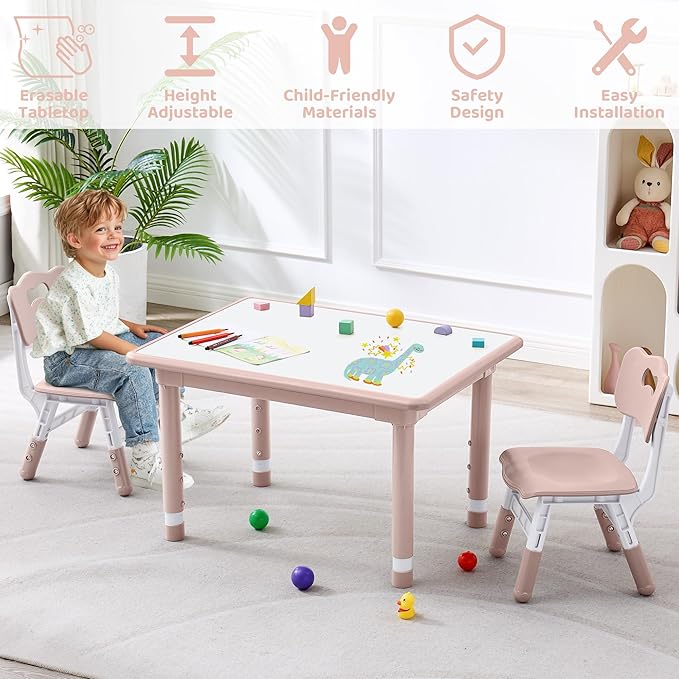 Kids Table and 2 Chairs Set, Height Adjustable (17.7"-26.1") Toddler Table and Chair Set, Multi-Activity Table with Graffiti Desktop, Children’s Table and Chairs for Classroom, Home & Daycare