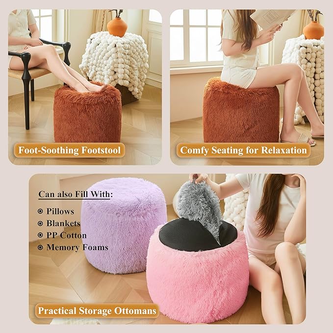 XeGe Fluffy Faux Fur Inflatable Pouf Ottoman, Soft Fuzzy Foot Stool, Plush Furry Foot Rest Floor Pouf Anti-Slip for Kids Girls Adult, Cute Foldable Round Ottoman Cushion Living Room, Burnt Orange