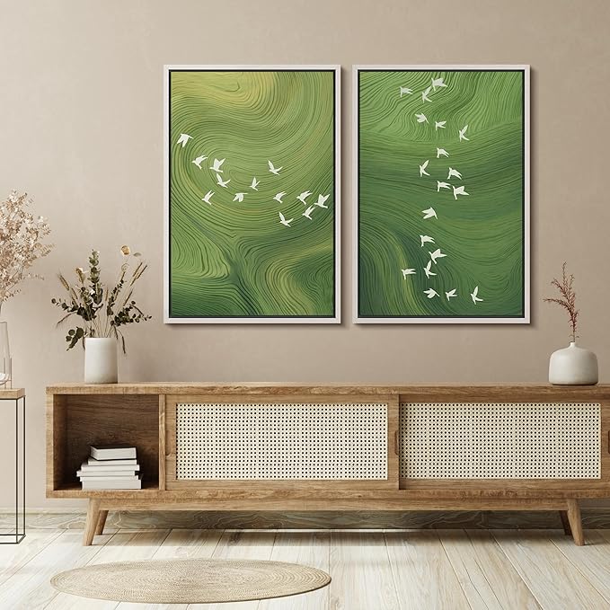 SIGNFORD Framed Canvas Print Wall Art Set Green Swirl Abstract White Birds Illustration Modern Art Decorative Nordic Nature for Living Room, Bedroom, Office - 16"x24"x2 White
