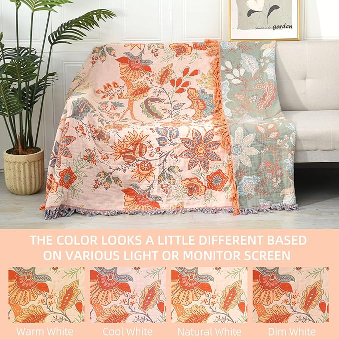 Boho Throw Blanket for Bed - 100% Pure Cotton Ultra Soft Rustic Quilt - Farmhouse Decor Bed Blankets, All Season Rustic Throw for Sofa Couch Chair(60''×80'', Floral)