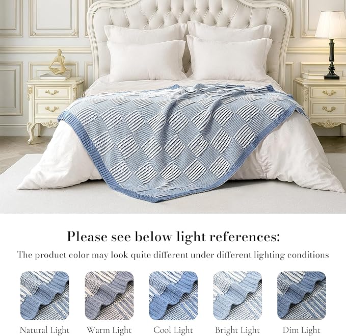 Amélie Home Chenille Knit Throw Blanket for Couch, Checkered Texture Decorative Soft Blanket for Sofa, Bed & Living Room, 50"x60", Blue & White