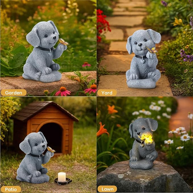 Solar Puppy Dog Garden Decor - Cute Pet Memorial Statue, Auto On/Off LED Light, Weatherproof Resin for Yard Pathway & Dog Lover Gifts