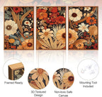 Aurlan Boho Burnt Orange Terracotta Wildflowers Framed Wall Art(24"x36"), 3 PCS Abstract Floral 3D Textured Canvas Artwork, Large Modern Vintage Botanical Nature Art Wall Decor for Home Office Living Room Bedroom
