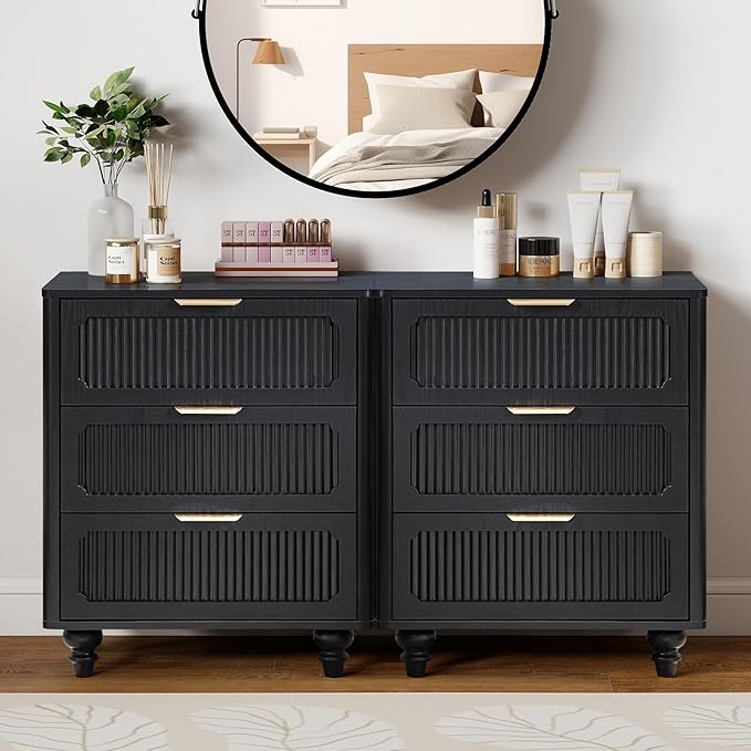 3 Drawer Dresser for Bedroom, Mid Century Modern Closet Dressers Chest of Drawers, Fluted Wood Wide Nightstand Storage Dresser with Drawers for Living Room, Dressing Room, Entryway, Hallway, Black