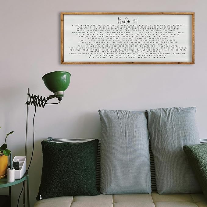 ZZJJHYWGQ Bible Verse Wall Decor Psalm 91 Wall Art 32"×12" Scripture Print Sign for Living Room Home Religious Prayer Room Family Christian Inspirational Quotes Catholic Wall Hanging (Wood)