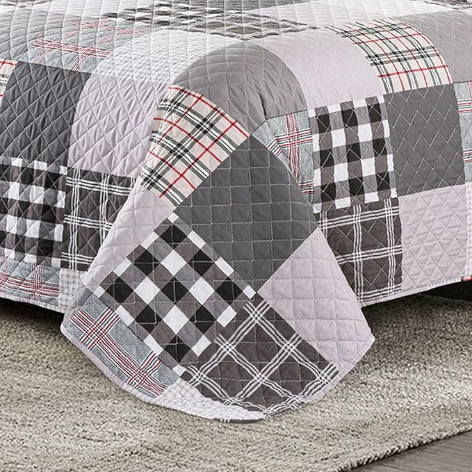 Travan Quilt Set 3-Piece Oversized Quilted Bedspread Coverlet Set Grey European British Grid Patchwork Bedding Set, Queen Size