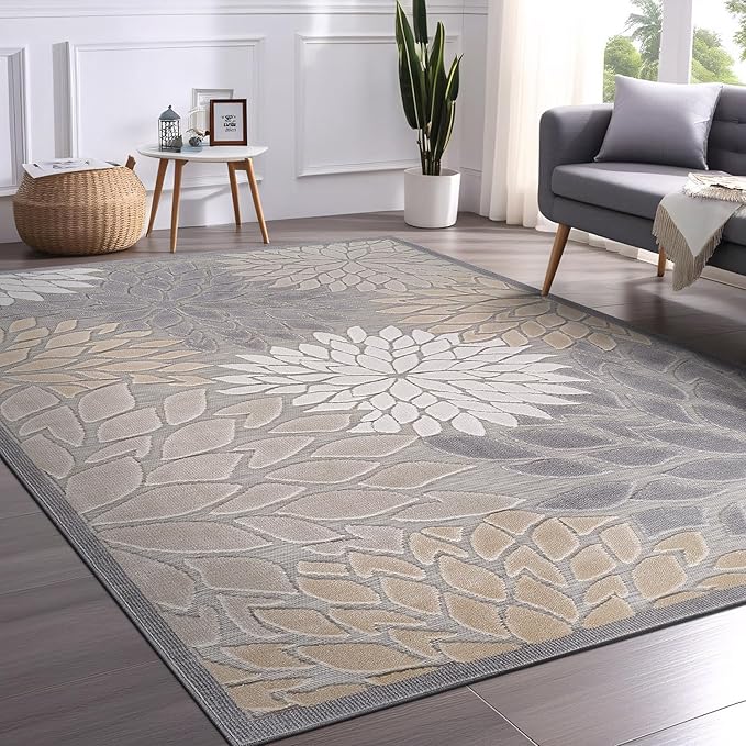 Beverly Rug Outdoor Rug 10x14 Large Modern Floral Tropical Area Rugs for Indoor and Outdoor Patio Easy to Clean Non Shedding Living Room Porch Garden Washable Outside Carpet (10 x 14 Gray)