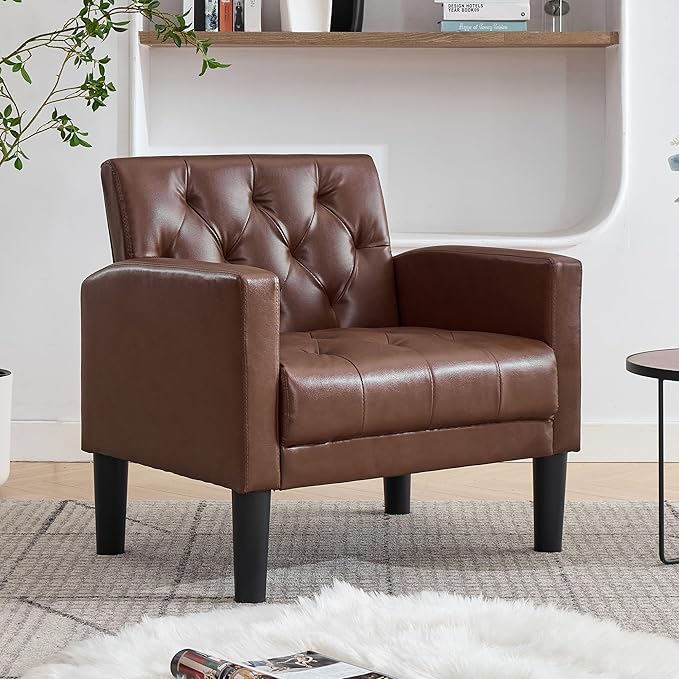 TYBOATLE Accent Chair Comfy Living Room Chair Leather Tufted Mid Century Modern Accent Chair, Small Cozy Reading Arm Chair for Office, Bedroom (1, Brown)