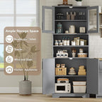 GarveeHome 67" Tall Storage Cabinet, Tall Bathroom Cabinet with Glass Doors and Adjustable Shelves, Freestanding Kitchen Pantry Cabinets, Cupboard for Living Room, Dining Room, Gray