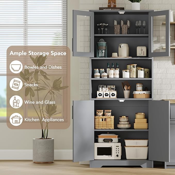 GarveeHome 67" Tall Storage Cabinet, Tall Bathroom Cabinet with Glass Doors and Adjustable Shelves, Freestanding Kitchen Pantry Cabinets, Cupboard for Living Room, Dining Room, Gray
