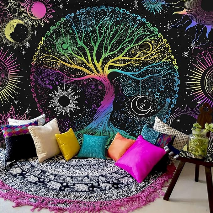 AACKart Blacklight Tapestry for Bedroom - Spiritual Tree of Life Wall Tapestry Glow in the Dark Wall Hanging 90.5 x 70.8 inches