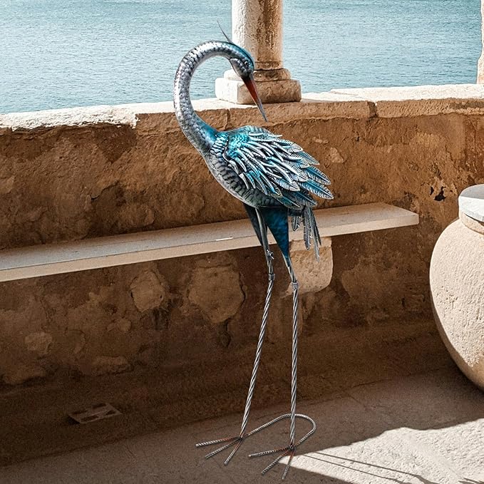 37 Inch Blue Heron Crane Statue, Metal Yard Art Outdoor Decoy, Garden Sculpture for Lawn/Pond Decoration, 1Pc, ORTBL-CR24053A-18
