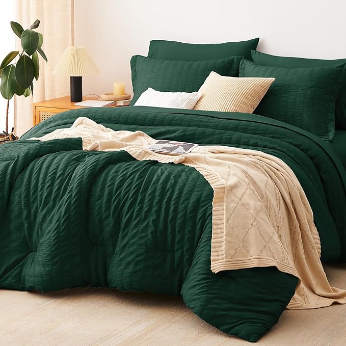CozyLux Queen Comforter Set Emerald Green Seersucker 7 Pieces Bed in a Bag Queen Comforter Set with Sheets, Luxury Soft Bedding Set with Down Alternative Comforter, Sheets, Pillowcases & Shams