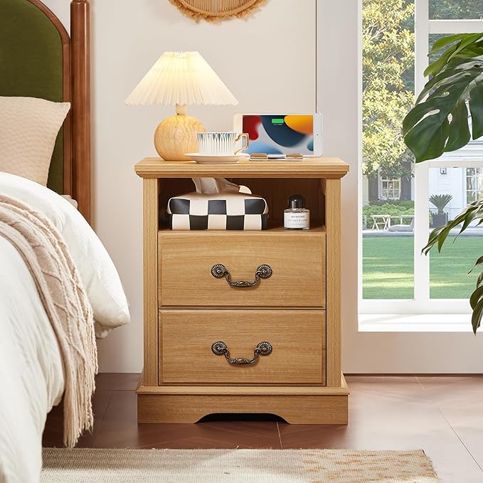 2PCS Farmhouse Nightstands with Charging Station，18" End Table with 2 Drawers，Farmhouse Nightstand with Vintage Handles, Bedside Cabinet for Bedroom for Bedroom, Living Room,Natural