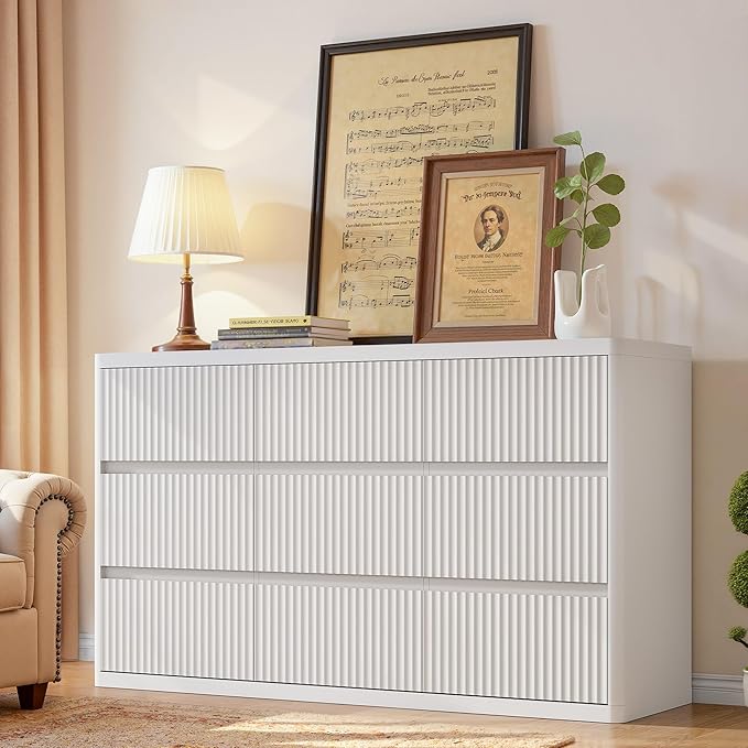White 9 Drawers Dresser, 57" Wide Fluted Dresser for Bedroom, Modern Chest of Drawers with Curved Profile, Handleless, Wooden TV Stand with Organizer Storage for Living Room, Entryway