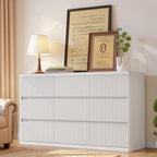 White 9 Drawers Dresser, 57" Wide Fluted Dresser for Bedroom, Modern Chest of Drawers with Curved Profile, Handleless, Wooden TV Stand with Organizer Storage for Living Room, Entryway