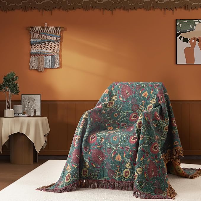 Boho Throw Blanket Queen Size, Oversized Soft Cozy Cotton Muslin Quilt Blanket for Bed Decor, Floral Patterned Couch Sofa Chair Cover, Vintage Farmhouse Cottage Woven Blanket, Green&Orange