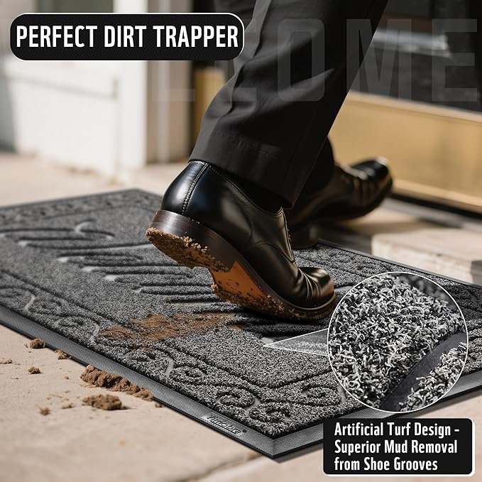 Yimobra Welcome Mat, Heavy Duty Sturdy Door Mats for Home Entrance Outdoor Indoor, Front Doormat for Outside Patio Floor Entry Porch Garage Office, Waterproof, Low Profile, 60 x 36, Black Grey