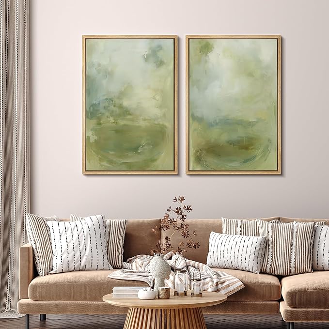 SIGNFORD Framed Canvas Print Wall Art Set Soft Green Abstract Contemporary Neutral Landscape Illustration Modern Art Decorative Nordic Nature for Living Room, Bedroom, Office - 24"x36"x2 Natural