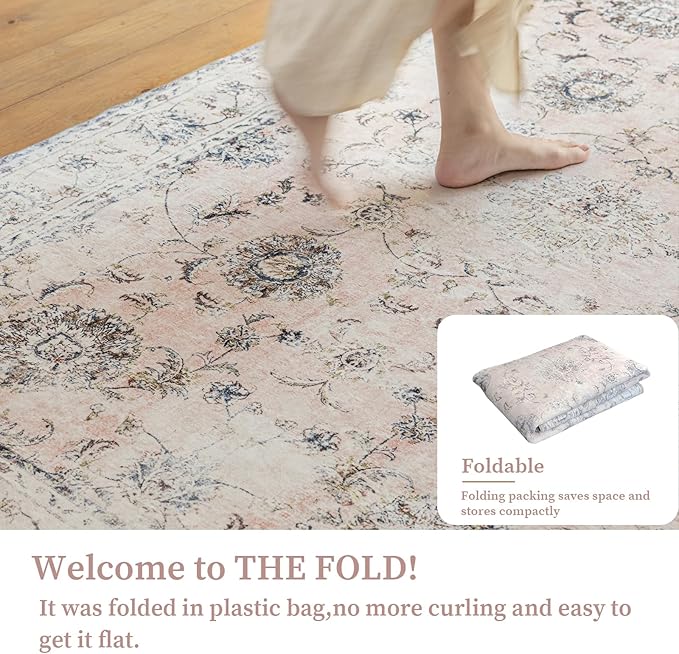 5'x7' Vintage Floral Rug - Persian Inspired Low-Pile Faux Wool Area Rug, Non-Slip Washable Rug for Bedroom, Nursery, Dorm, Soft Pink Boho Chic Decor