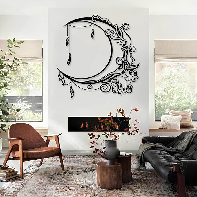 Jogwenu Moon Floral Metal Wall Decor, Moon Metal Wall Decor, Celestial Wall Art, Boho Wall Art, Floral Wall Hanging, Boho Room Decoration, Living Room Bedroom Wall Hanging (White, 30"x30"|76x76cm)