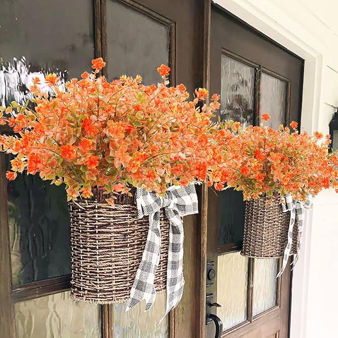 Uieke 24PCS Artificial Fall Flowers for Outdoors UV Resistant Faux Autumn Plants Bushes No Fade Plastic Plants for Outside Garden Porch Window Box Fall Décor Orange