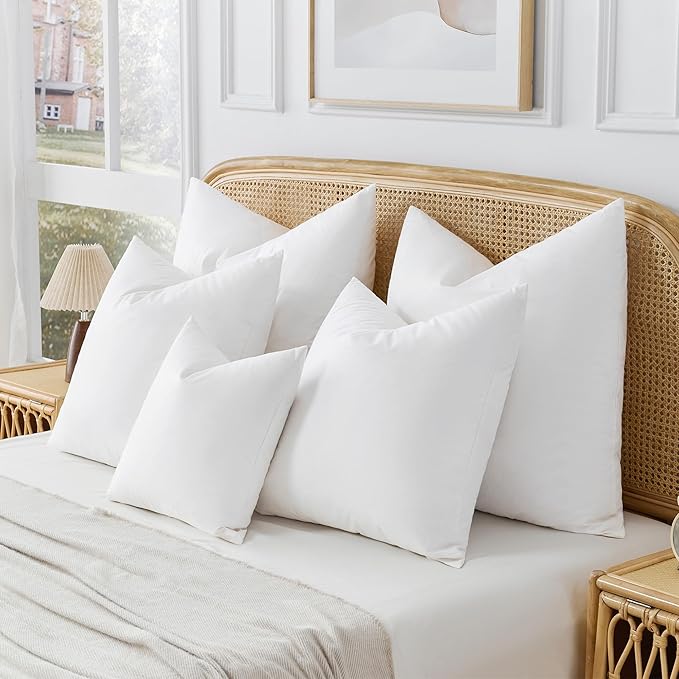 Oubonun 18 x 18 Down Feather Throw Pillow Inserts - Fluffy and Plush Odor-Free Fill - 100% Breathable Cotton Fabric for Couch Sofa Bed, White, Pack of 2