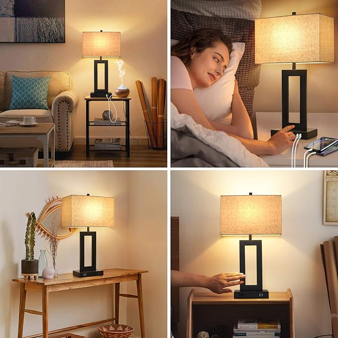 Set of 2 Touch Control Table Lamp with 2 USB Ports, 3-Way Dimmable Modern Nightstand Lamp Sets Bedside Touch Desk Lamp with Fabric Cream Shade for Bedroom Table Living Room Reading, Included Bulbs