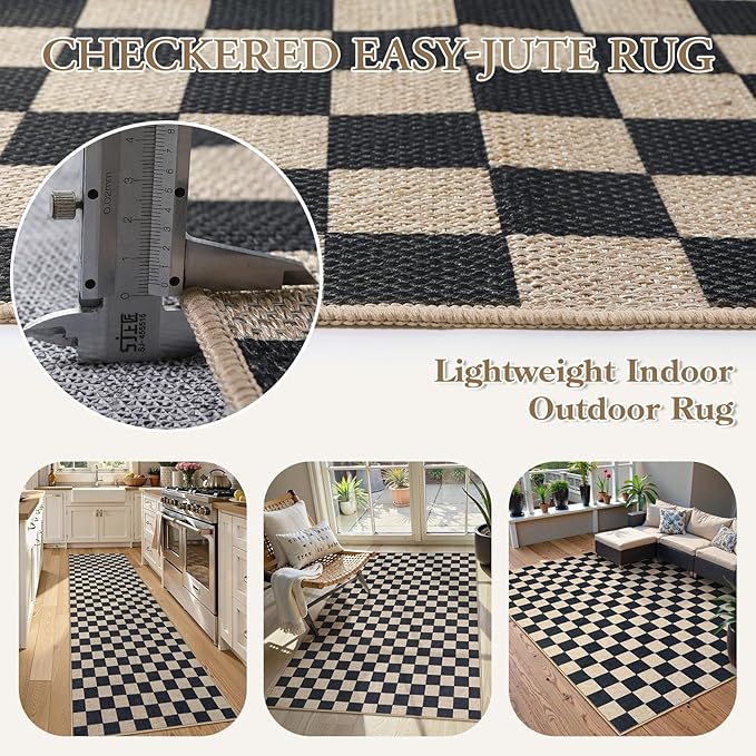 Lahome Checkered Easy Jute Outdoor Rug, 5x7 Farmhouse Rugs for Living Dining Room, Washable Non Slip Non Shedding Floor Carpet for Sunroom Mudroom Backyard Deck