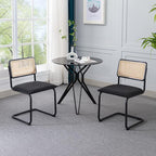 Mid Century Modern Rattan Dining Chairs Set of 4, Boucle Kitchen Chairs with Handwoven Mesh Rattan Backrest and Metal Legs, Upholstered Accent Side Chairs, Black