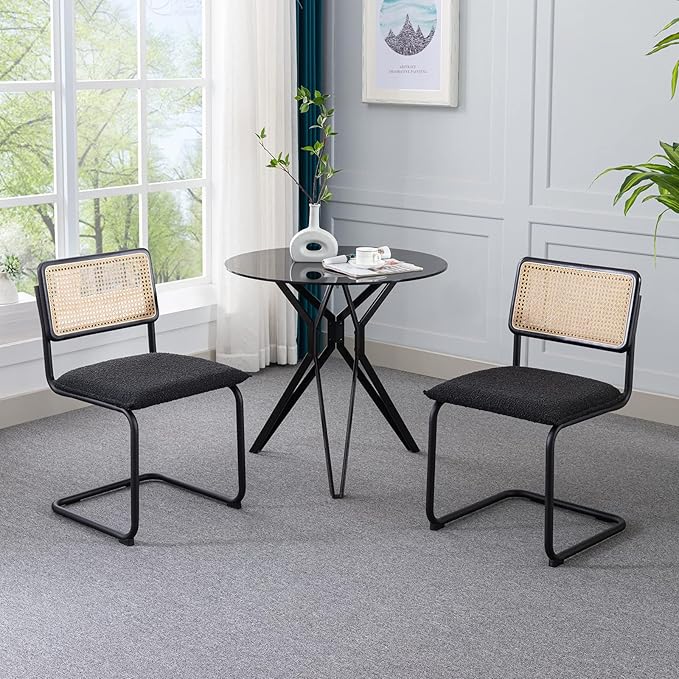 Mid Century Modern Rattan Dining Chairs Set of 4, Boucle Kitchen Chairs with Handwoven Mesh Rattan Backrest and Metal Legs, Upholstered Accent Side Chairs, Black