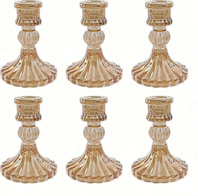 Glass Candlestick Holder,Striped Taper Candle Holders,Set of 6 Candle Stand for Table Centerpieces, Home Decor,Weddings,Festival and Parties (Amber Stripe Pattern)